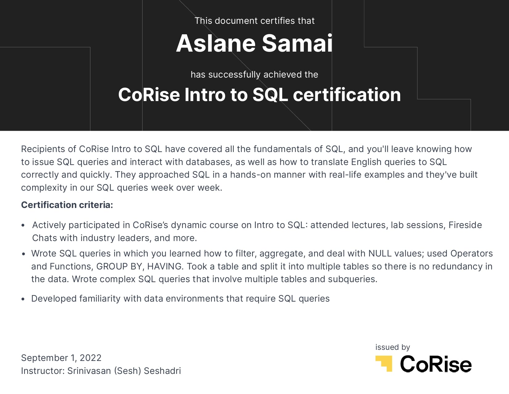 SQL certification from CoRise